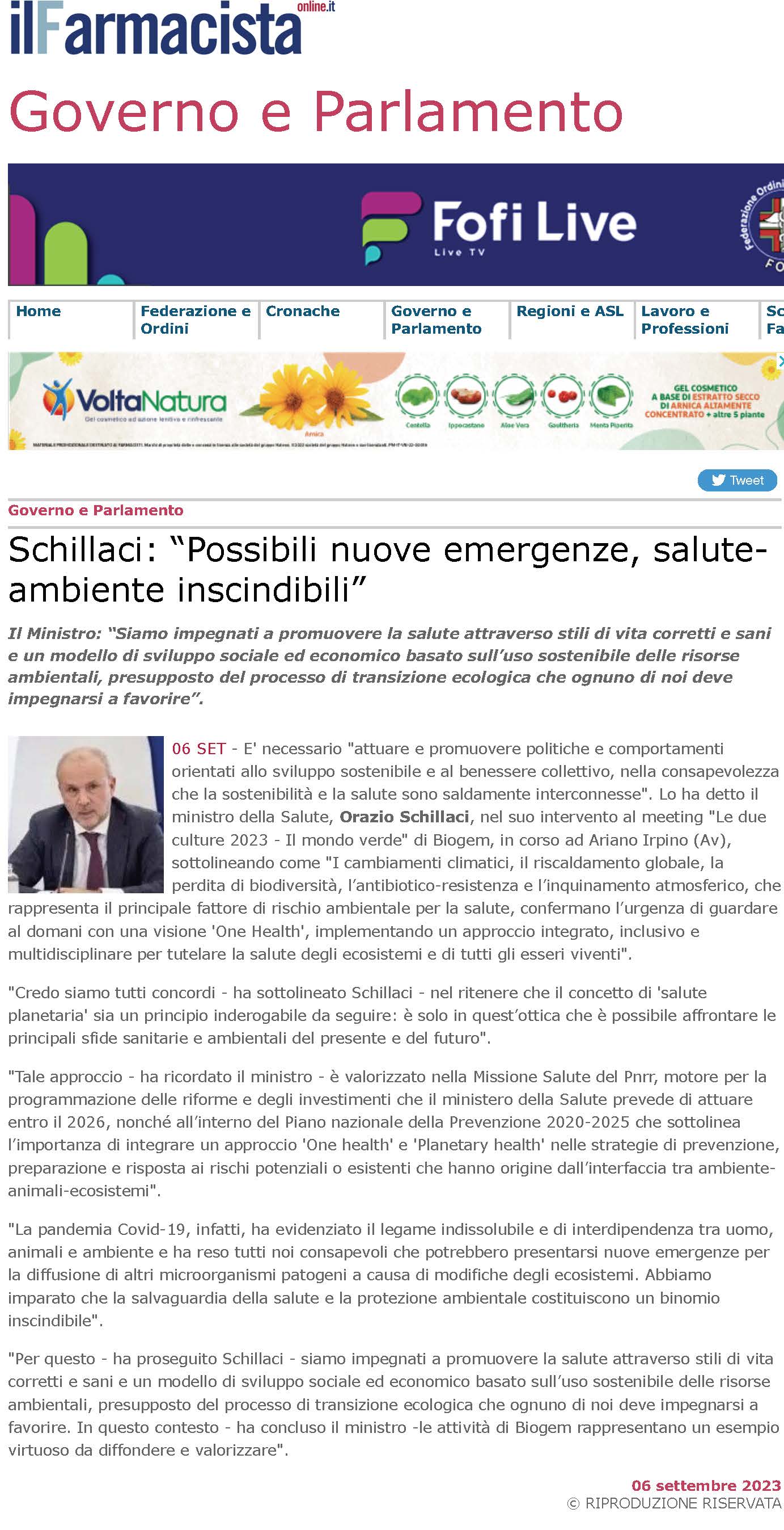 Schillaci: “Possibili nuove emergenze, salute-ambiente inscindibili”